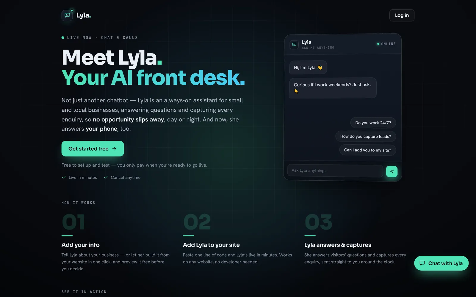 Lyla - AI front desk assistant, live product website