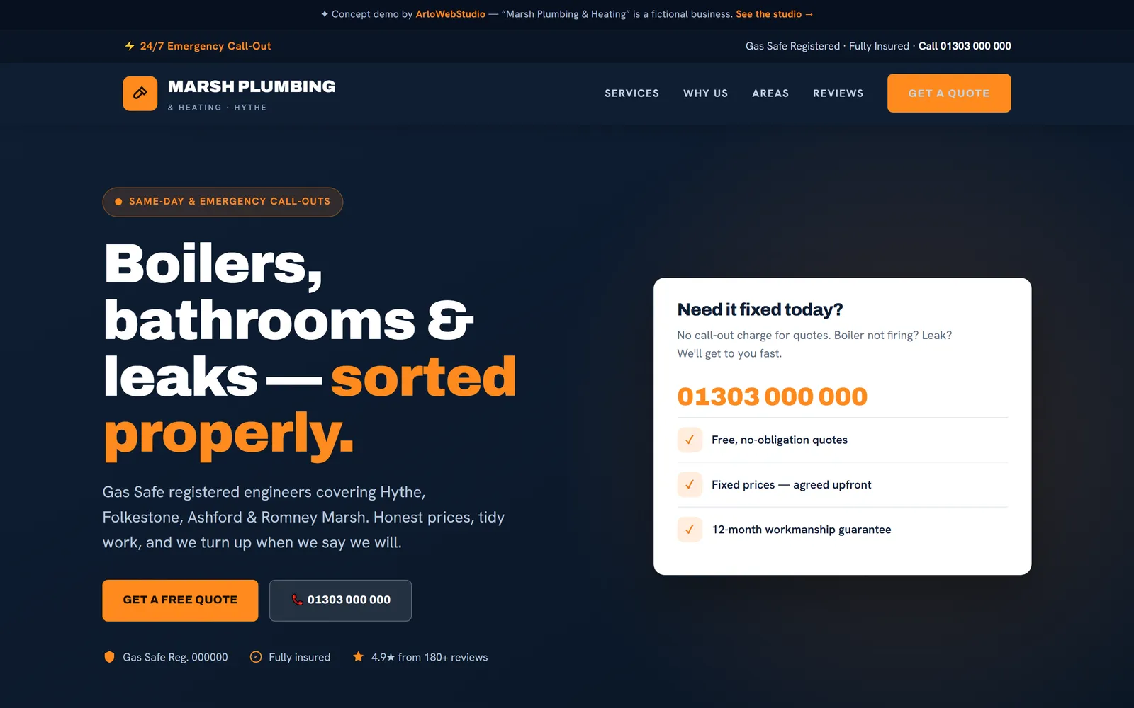 Marsh Plumbing & Heating - trades demo website with quote form and emergency call-out